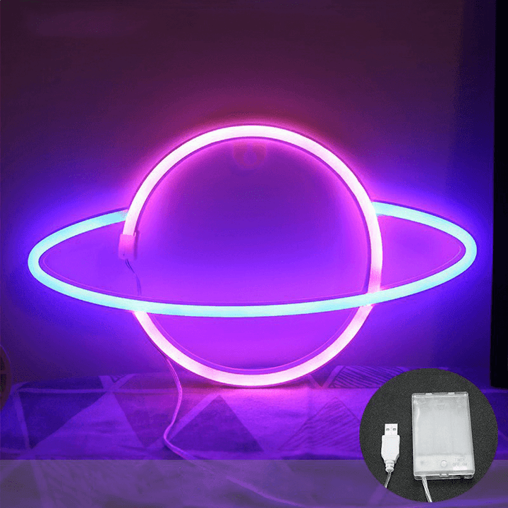 LED Planet Pattern Neon Light Dual-Use Battery USB Charging Home Room Decor Night Light for Club Bedroom Living Room Party Garden - MRSLM