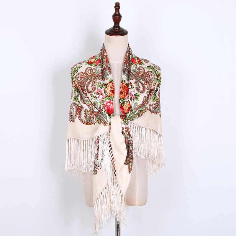 Warm Shawl National Wind Print Tassel Square Towel Travel Female Scarf - MRSLM