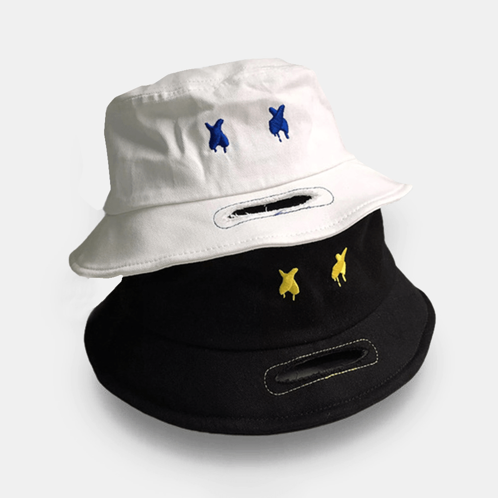 Unisex Brim Opening Broken Hole Cartoon Pattern Embroidery Cotton Sunshade Bucket Hat - MRSLM