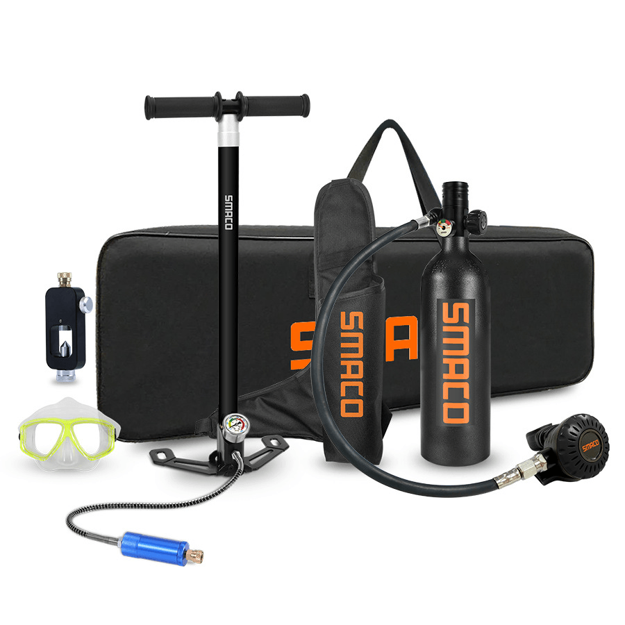 SMACO S400+ Protable 1L Scuba Diving Tank Equipment Set with Hand Pump Underwater Oxygen Tank + 360° Rotatable Joint - MRSLM