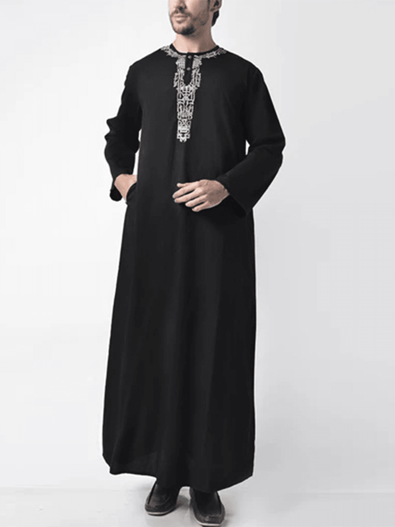 Mens Vintage Embroidered Button Casual Long Sleeve Kaftan Robe - MRSLM