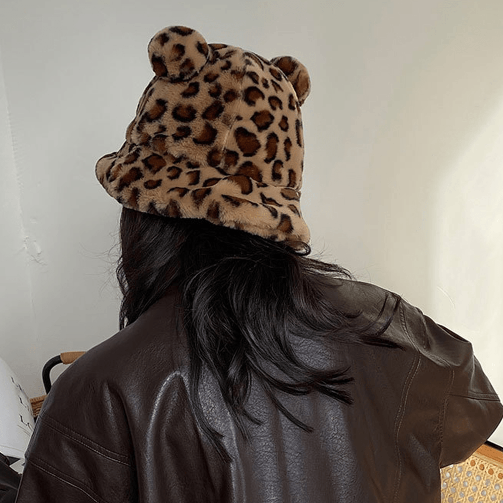 Women Faux Rabbit Hair Warm Soft Cute Casual All-Match Animal Ear Pattern Bucket Hat - MRSLM