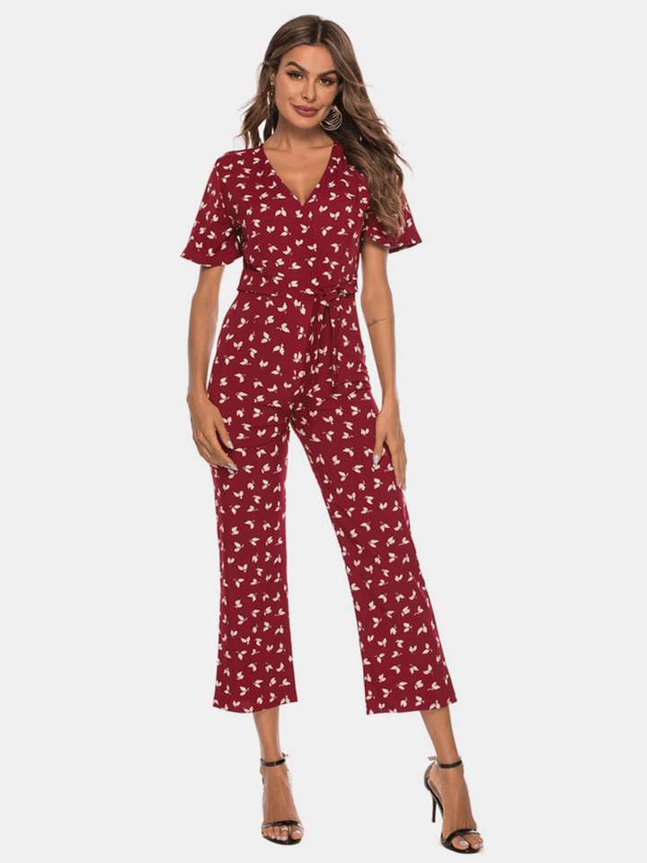 Chiffon V-Neck Print Short Sleeve Causal Jumpsuit - MRSLM