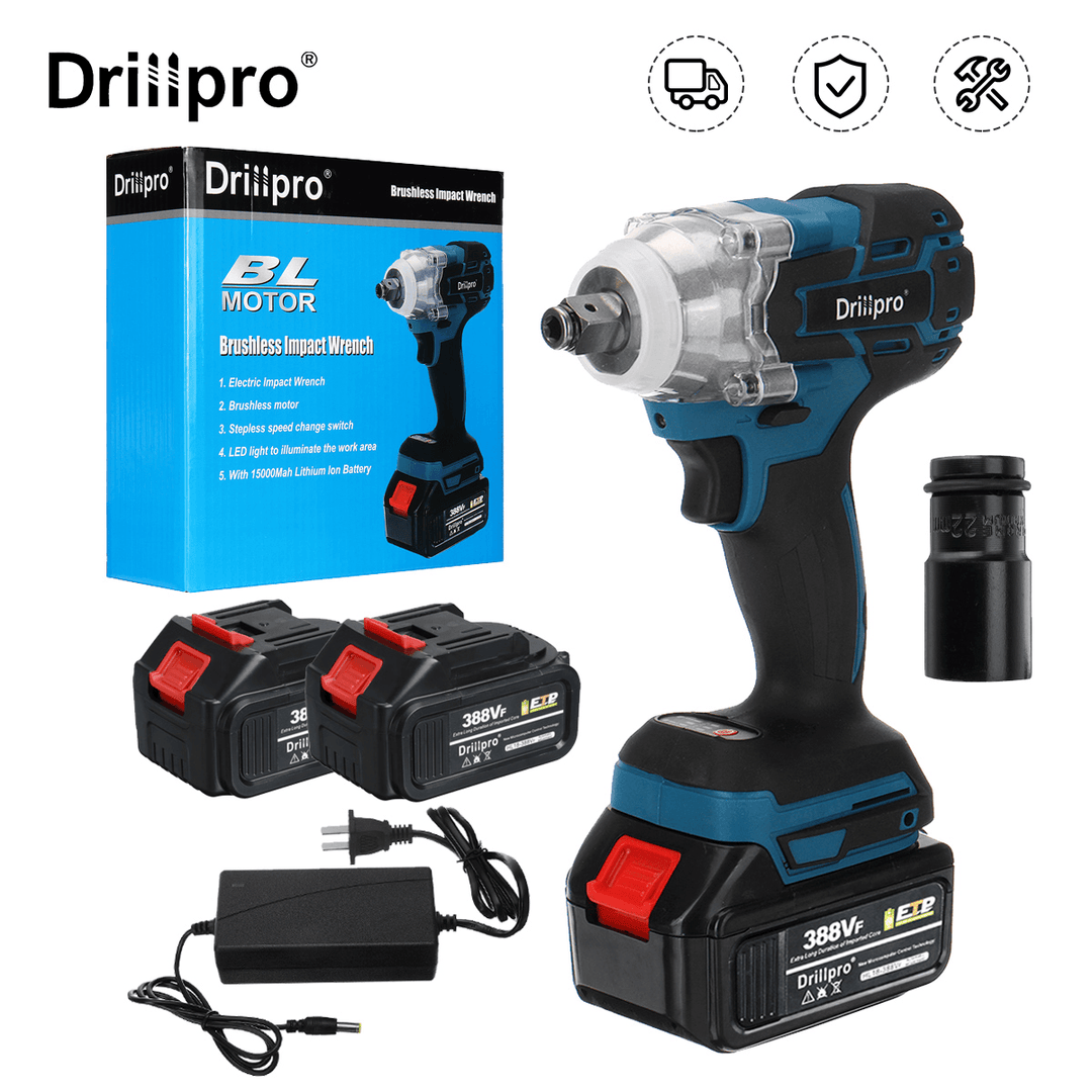 Drillpro 5C 10Xli-Ion Battery Cell Brushless Impact Wrench Electric Wrench Driver 2 Batteries W/ Sleeve Fit Makita - MRSLM