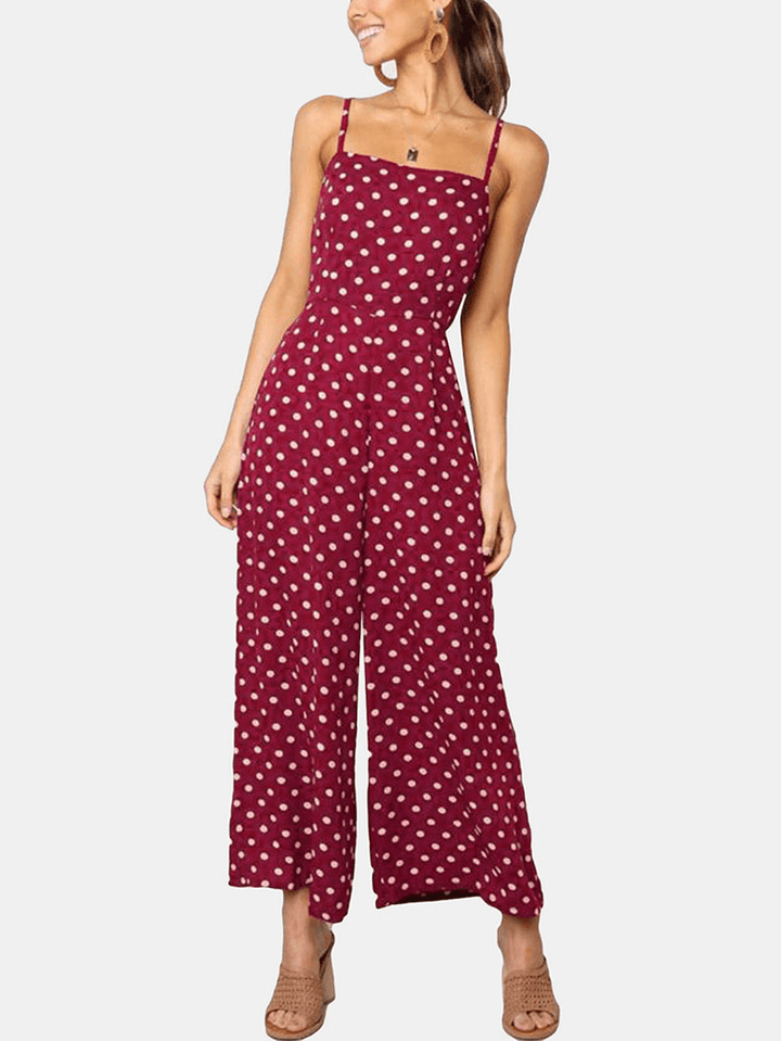 Women Polka Dot Spaghetti Strap Long Rompers Wide Leg Jumpsuit - MRSLM