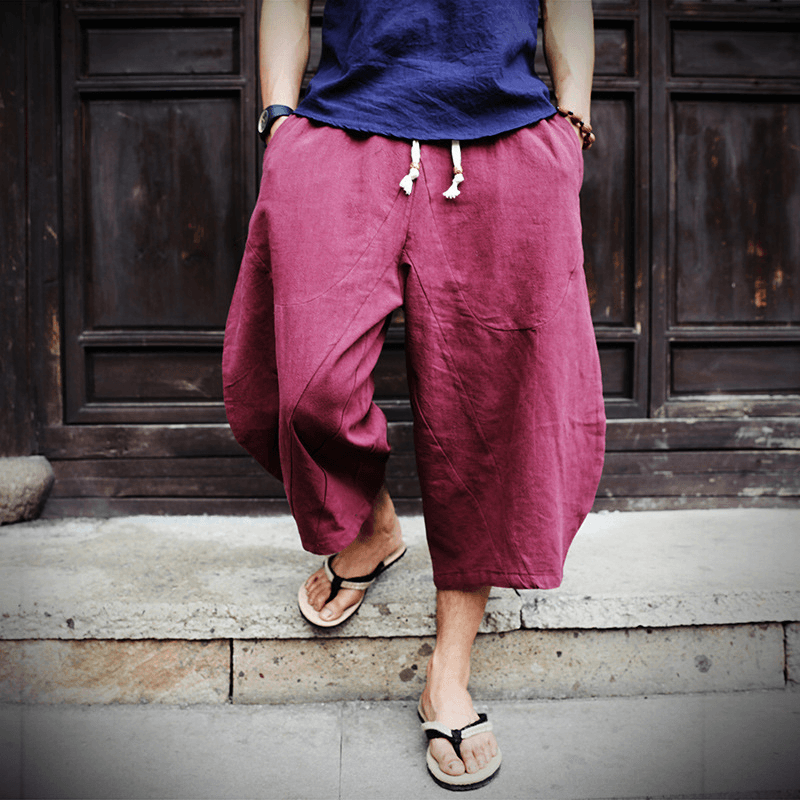 Mens Vintage Chinese Style Linen Casual Loose Baggy Pants - MRSLM