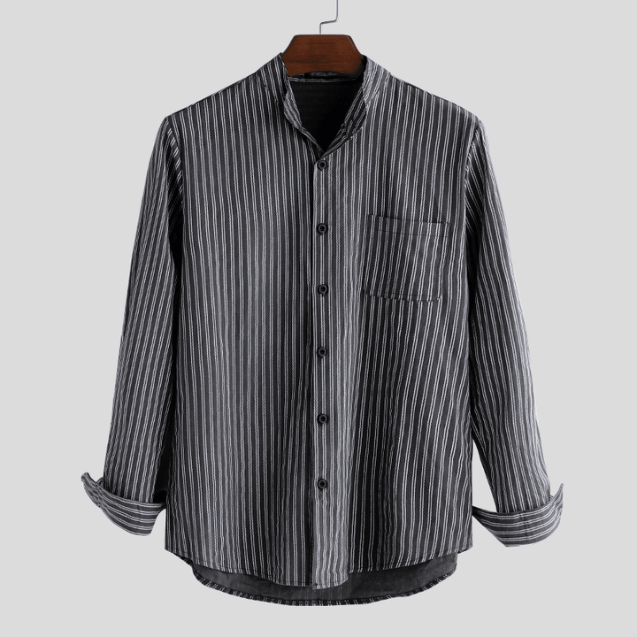 Mens Collarless Shirts Vintage Striped Shirt Grandad Button down Linen Loose Top - MRSLM