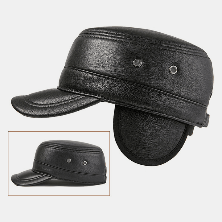 Men Genuine Leather Ear Protection Keep Warm Outdoor Winter Solid Retro Military Hat Flat Hat Peaked Hat - MRSLM