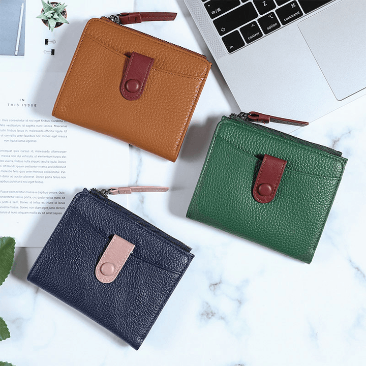 Women Genuine Leather Bifold Hasp Zipper Multifunction Coin Purse Money Clip Short Wallet - MRSLM