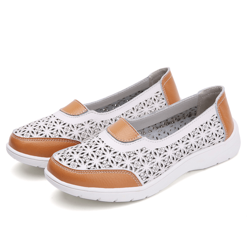 Women Hollow Leather Slip on Solid Color Soft Sole Flats - MRSLM