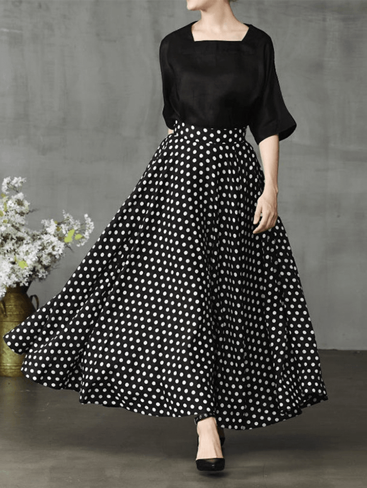 Women Polka Dot Print Loose Big Swing Side Pockets Casual Long Skirt - MRSLM