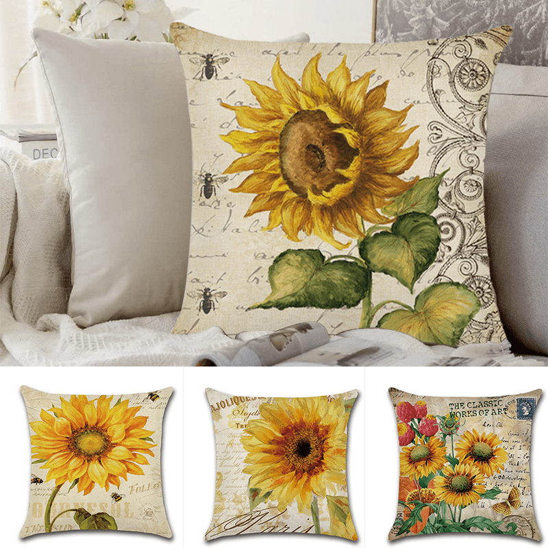 18 X 18 Inches Sunflower Throw Pillow Case Green Cushion Cover Cotton Linen Decorative Pillows Covers - MRSLM