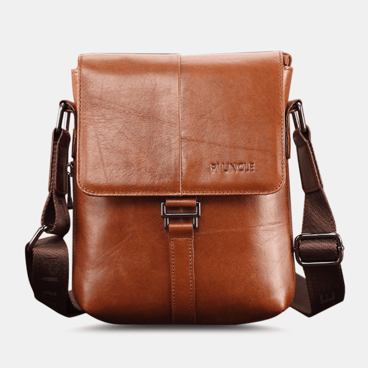 Men First Layer Cowhide Multi-Pockets Anti-Theft Crossbody Shoulder Bag Retro 7.9 Inch Ipad Bag - MRSLM