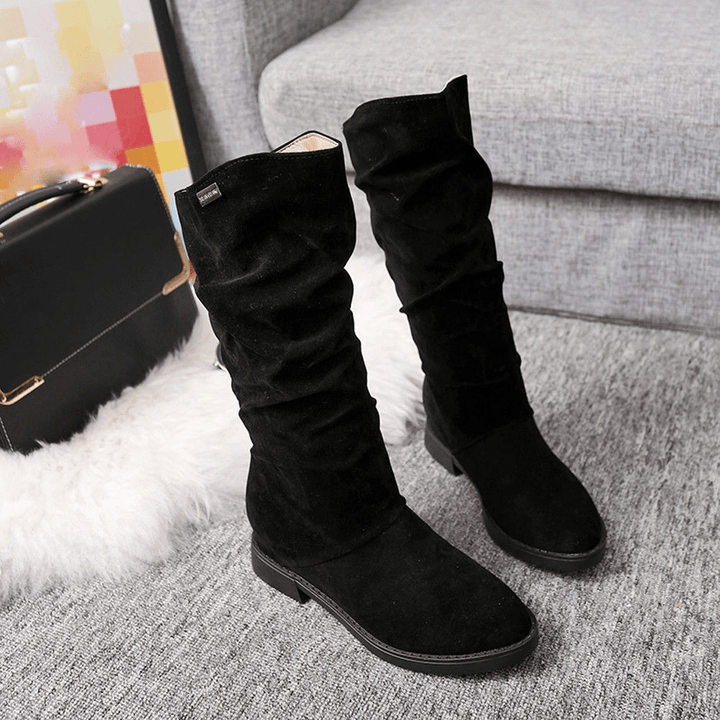 Women Warm Solid Color Suede Winter Snow Mid-Calf Boots - MRSLM