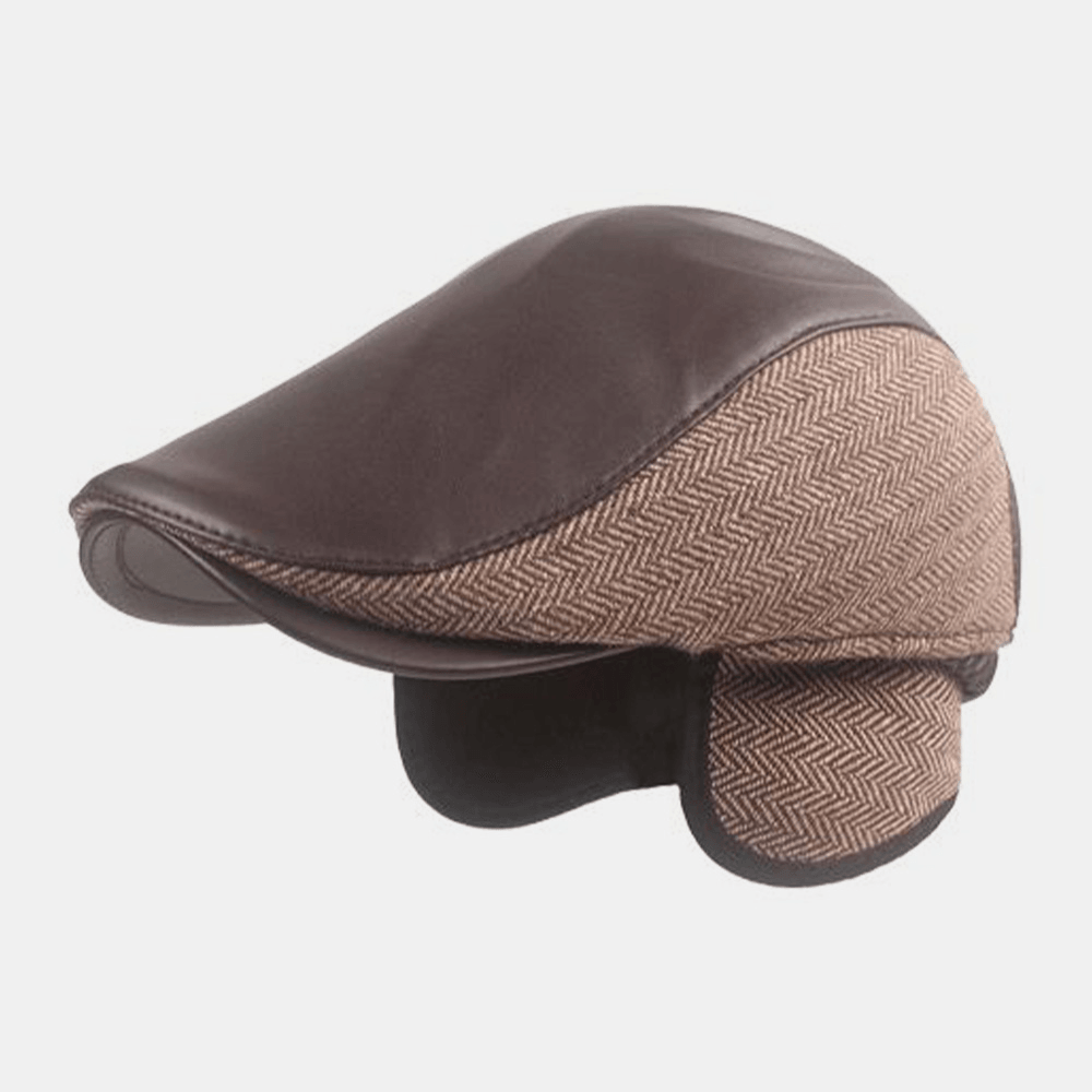 Men PU Leather Herringbone Stitching Beret Cap Autumn Winter Outdoor Ear Protection Earmuffs Warm Forward Cap - MRSLM