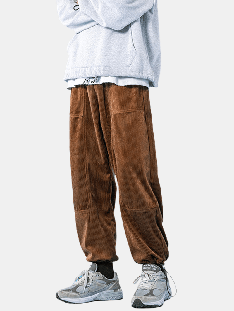 Mens Corduroy Multi Pocket Elastic Waist Drawstring Casual Pants - MRSLM