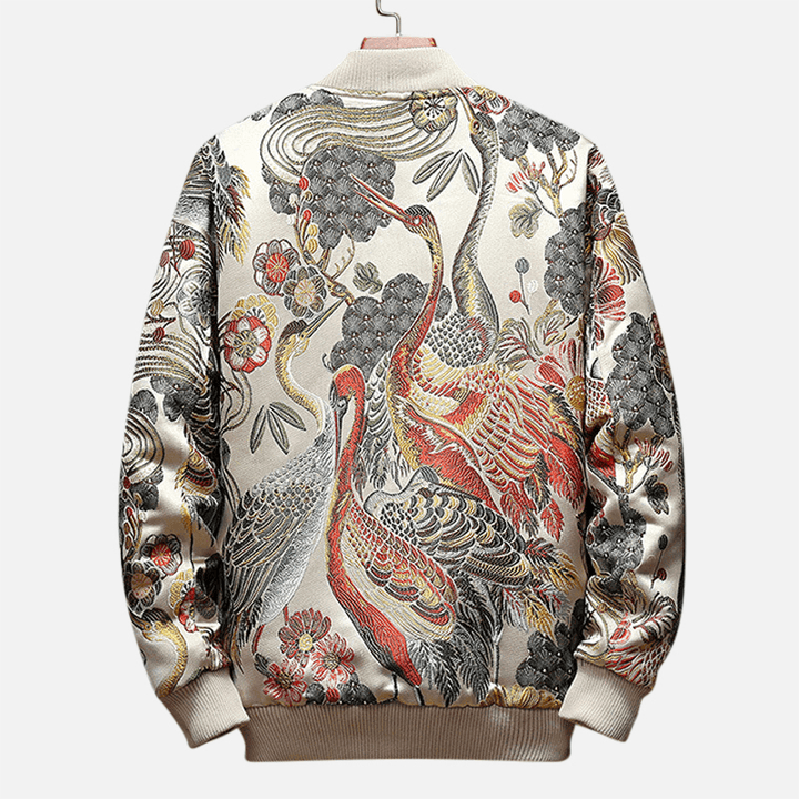 Ethnic Style Crane Embroidered Floral Baseball Jacket - MRSLM