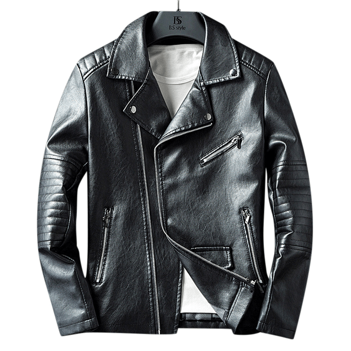 Mens Faux Leather Fashion Zipper Black Biker Jacket - MRSLM