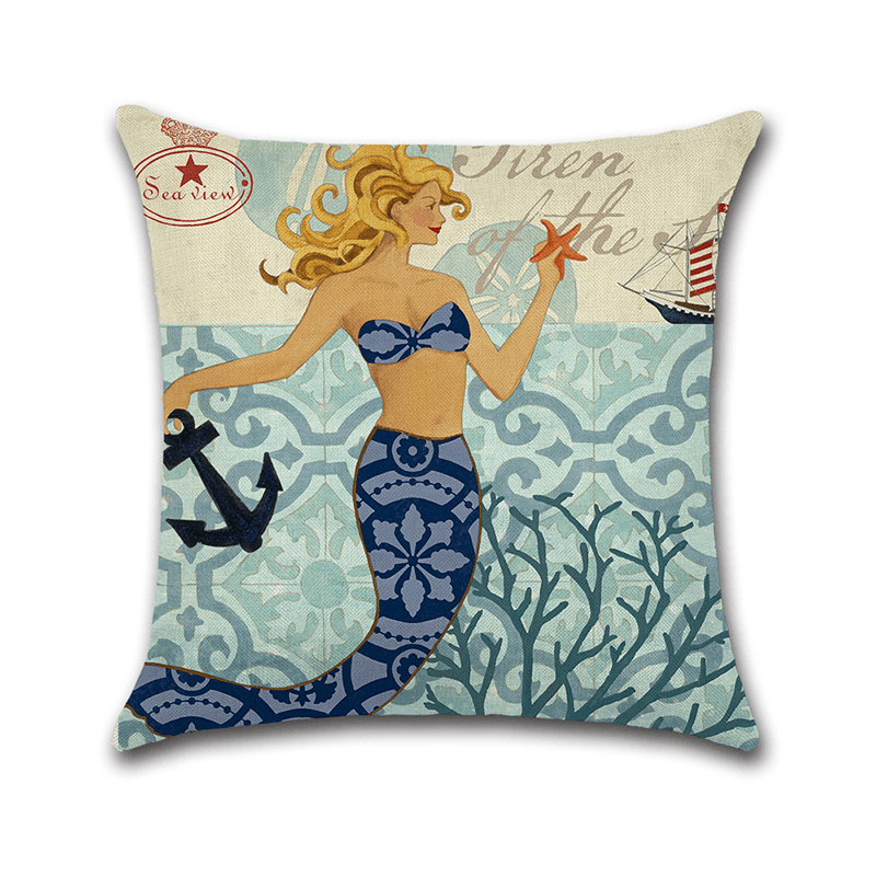 Cartoon Mermaid Printed Cotton Linen Square Cushion Cover House Sofa Car Decor Pillow Case - MRSLM