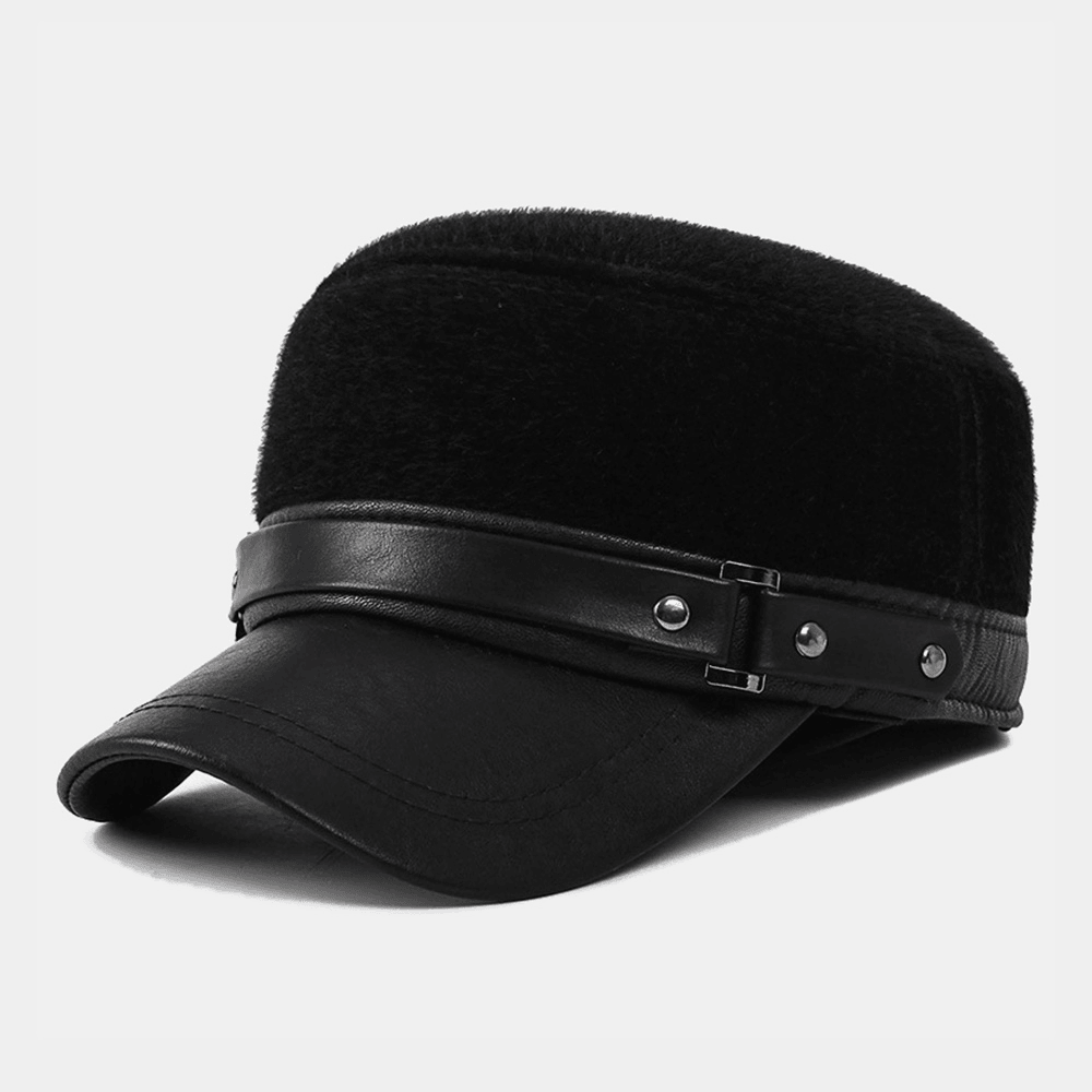 Men Artificial Mink Hair PU Brim Patchwork Rivet Decoration Built-In Ear Protection Thick Warmth Flat Cap - MRSLM