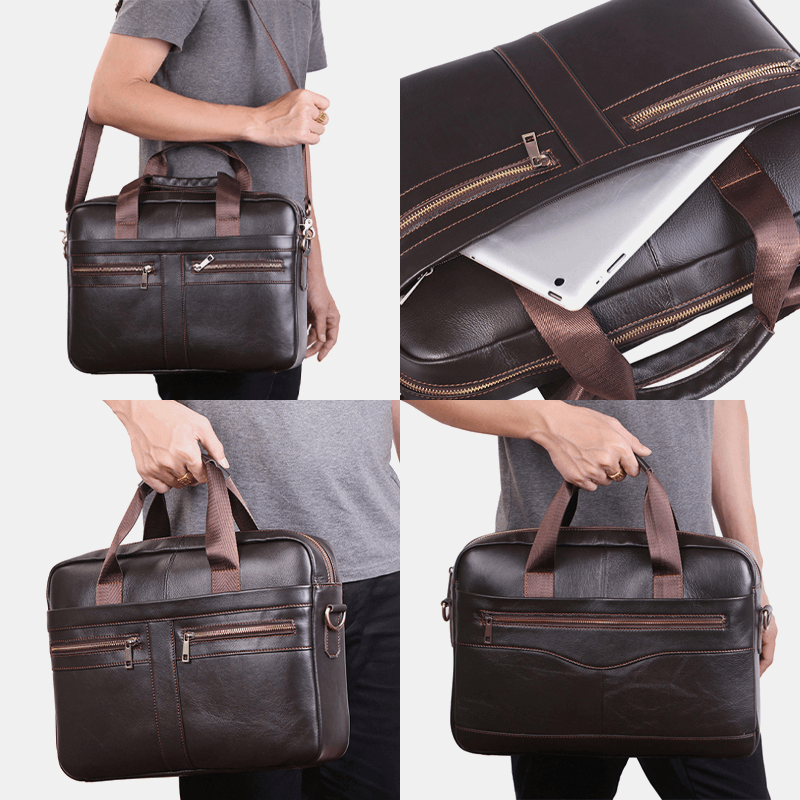 Men Genuine Leather Multi-Function Retro Large Capacity Travel Handbag Cross Body Bag - MRSLM