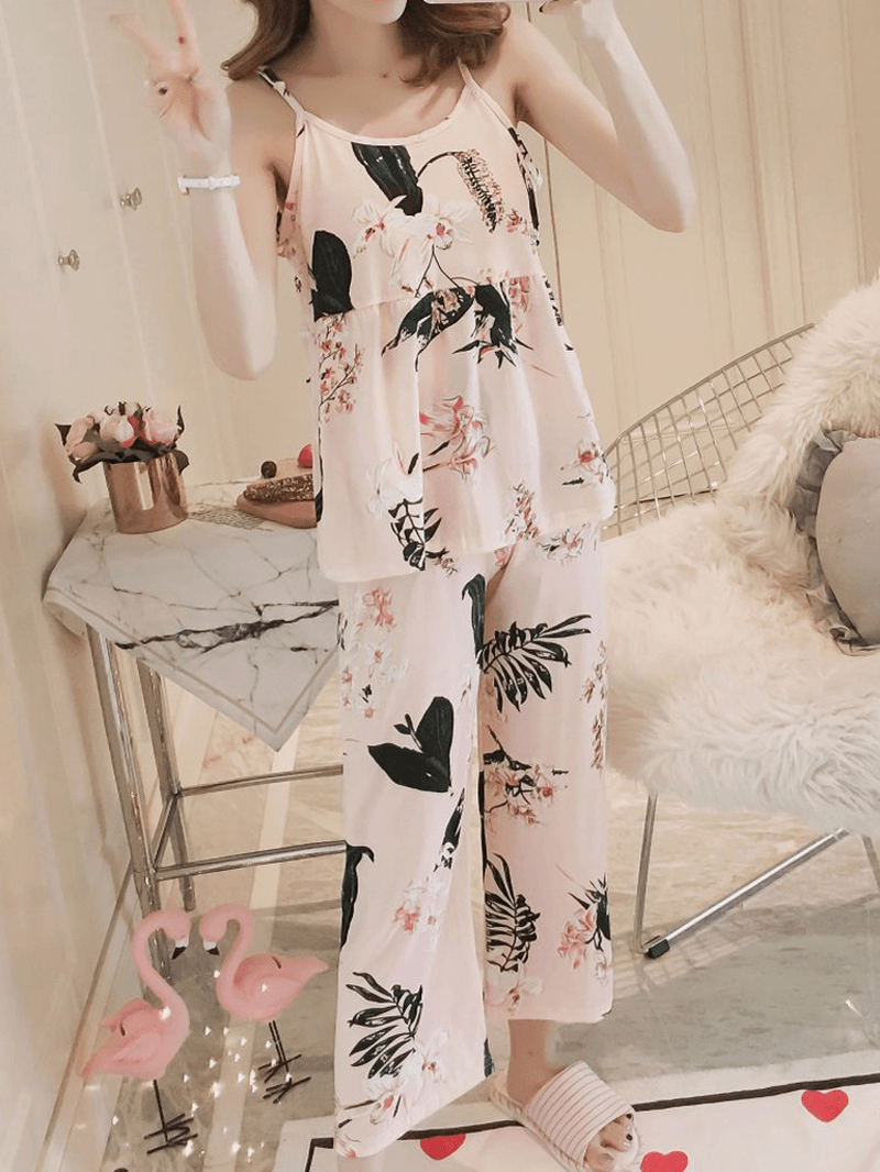 Womens Florral Print Tank Top with Robe Three Piece Home Casual Pajama Set - MRSLM