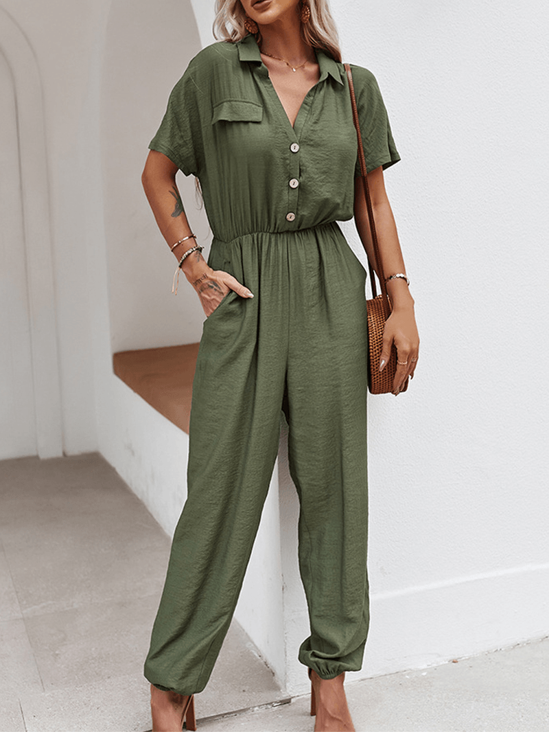 Solid Color Button Pocket High Elastic Waist Loose Jumpsuit - MRSLM