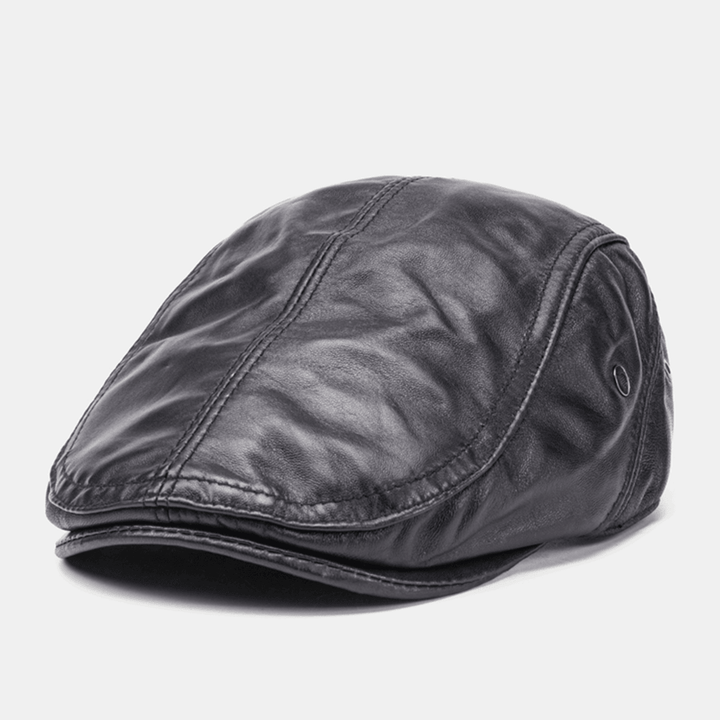 Men Genuine Leather Sheepskin Keep Warm Casual Universal Fold Solid Forward Hat Beret Hat - MRSLM