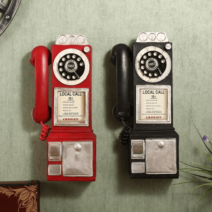 30Cm Black Vintage Rotary Dial Telephone Statue Model Phone Booth Figurine Decorations - MRSLM