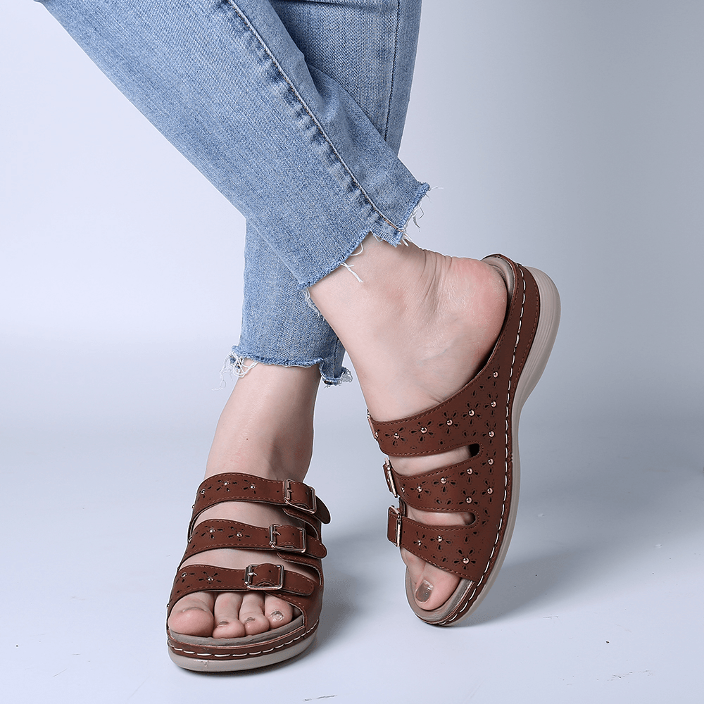 LOSTISY Women Opened Toe Buckle Beach Wedges Casual Slide Sandals - MRSLM