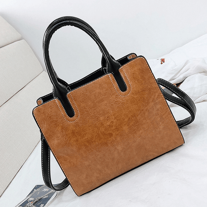Women PU Leather Tote Handbag Retro Solid Leisure Crossbody Bag - MRSLM