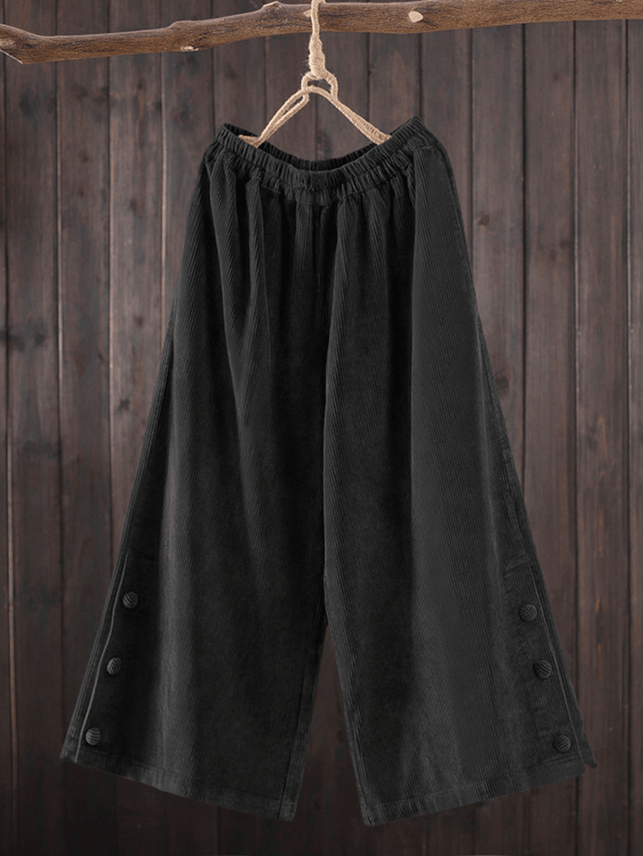 Women Corduroy Side Button Solid Elastic Waist Wide Leg Pants with Pocket - MRSLM