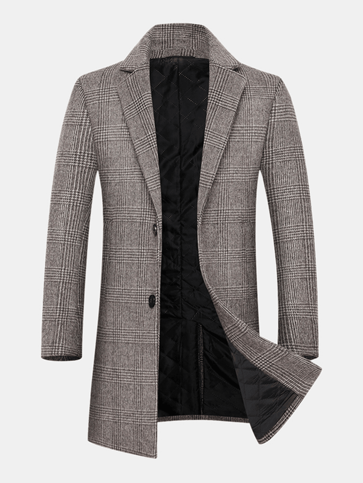 Mens Houndstooth Woolen Single-Breasted Lapel Mid-Length Overcoat - MRSLM