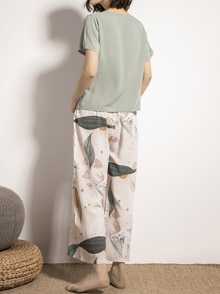 Women V-Neck Tops Tropical Plant Print Wide Leg Pants Casual Pajama Set - MRSLM