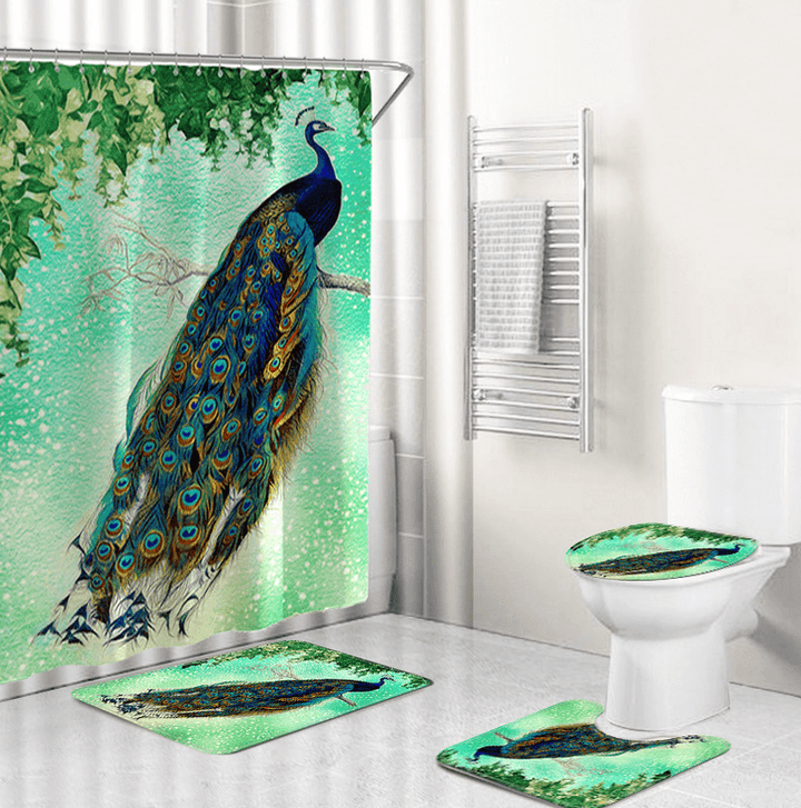 4Pcs Peacock Print Shower Curtain Floor Mat Bathroom Mat Bath Creat Decor - MRSLM