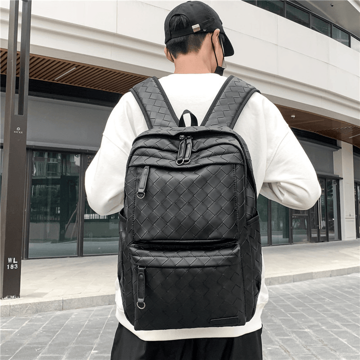 Men Faux Leather Large Causal Woven Capacity 14 Inch Laptop Bag School Bag Travel Backpack - MRSLM