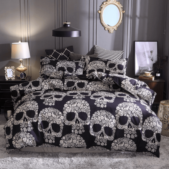 Black White Skull Printed Quilt Cover Pillowcase Halloween Style Bedding Sets - MRSLM