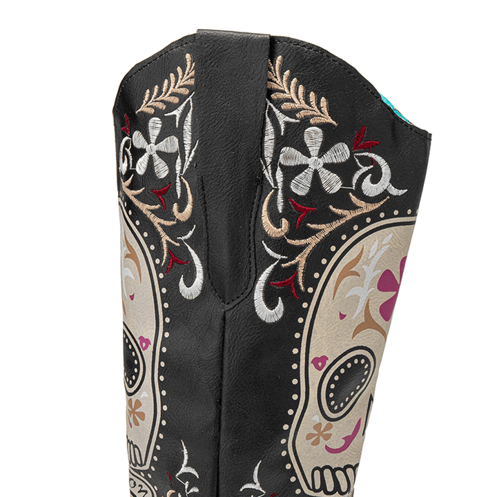 Women Color Kartoon Printed Embroidered Wear Resistant Chunky Heel Mid-Calf Boots - MRSLM