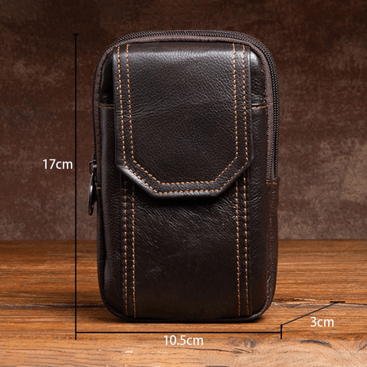 Men Genuine Leather Multifunction 6.5 Inch Phone Bag Retro Large Capacity Cigaret Case Pocket Belt Bag Waist Bag - MRSLM