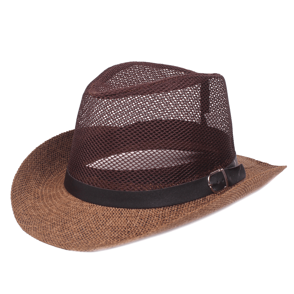 Men Outdoor Breathable Mesh Bowler Jazz Hat Cowboy Sunshade Straw Hat - MRSLM