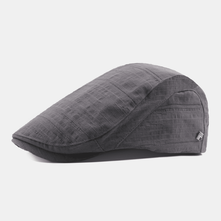 Men Short Brim Pleated Stripes Polyester Cotton Beret Cap Solid Color Metal Label Casual Flat Cap Forward Hat - MRSLM