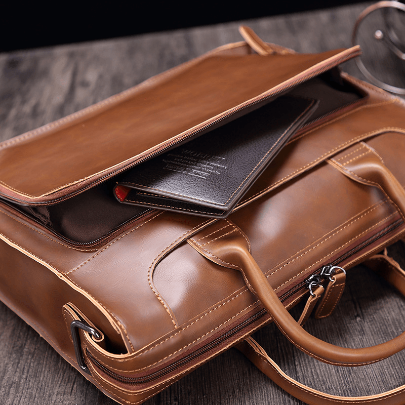 Men Horizontal Multi-Pocket Multi-Compartment Briefcase Vintage PU Leather 14 Inch Laptop Bag Crossbody Bag Shoulder Bag Handbag - MRSLM