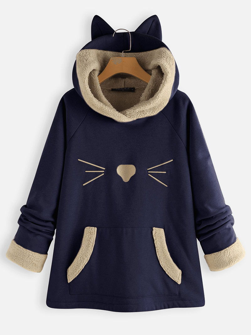 Ears Hooded Fleece Patchwork Cartoon Print Sweatshirt - MRSLM