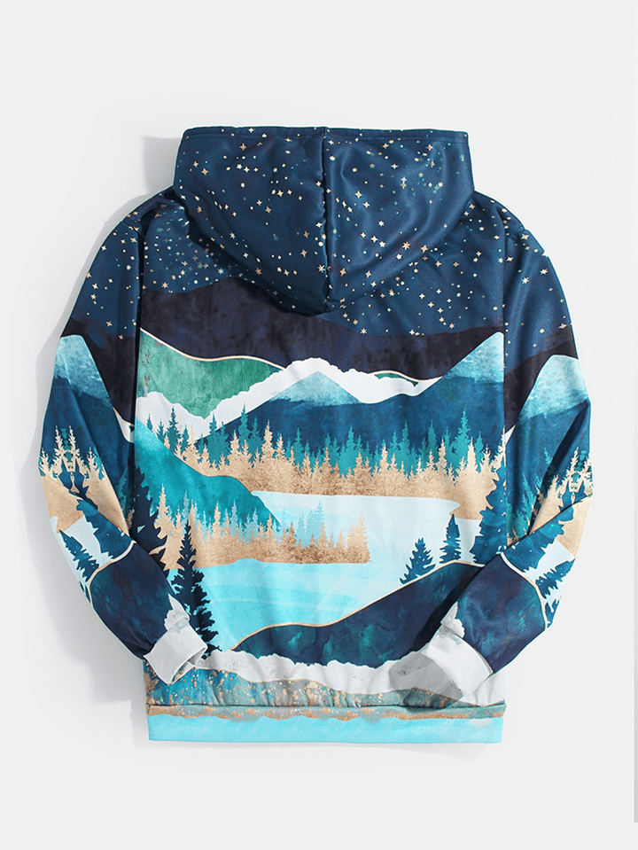 Mens Night Mountain Landscape Drawstring Hoodies with Kangaroo Pocket - MRSLM