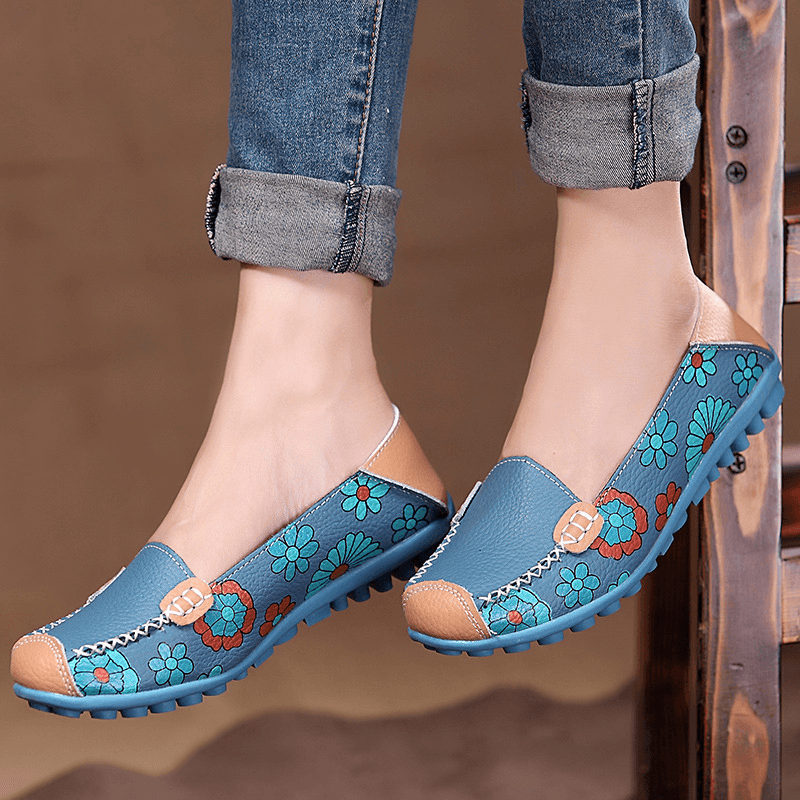 Big Size Women Flower Floral Leather Loafers Moccasins Flats Soft Ballet Shoes round Toe Flats - MRSLM