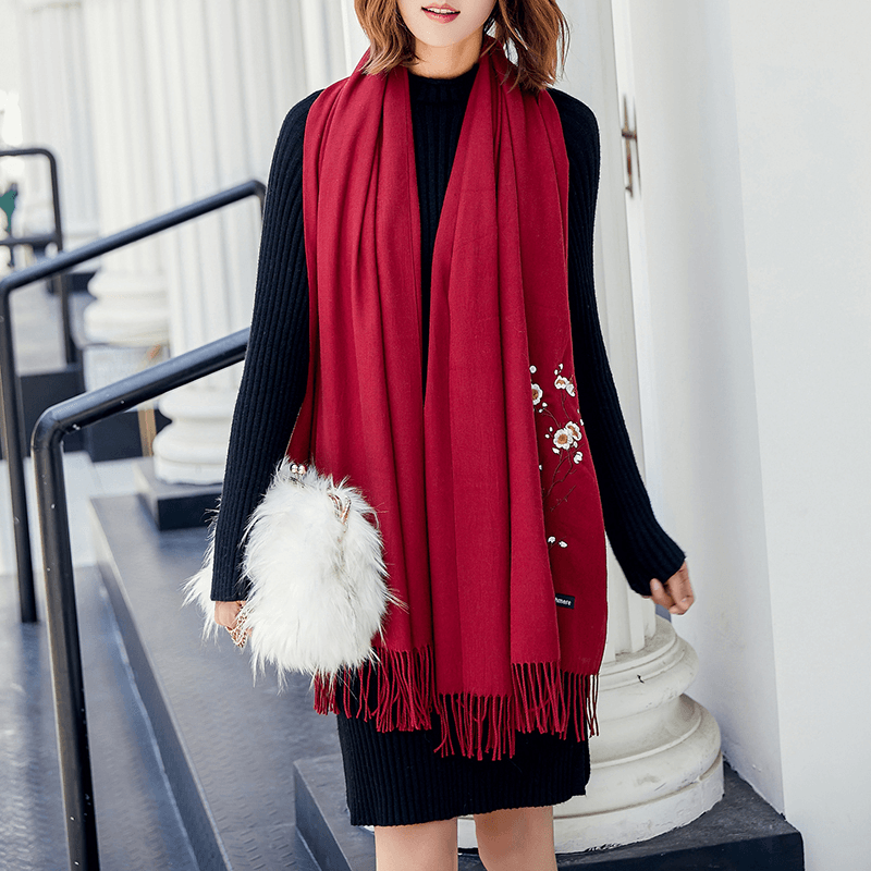 Women Winter Cashmere-Like Plum Embroidery Tassel Scarf - MRSLM