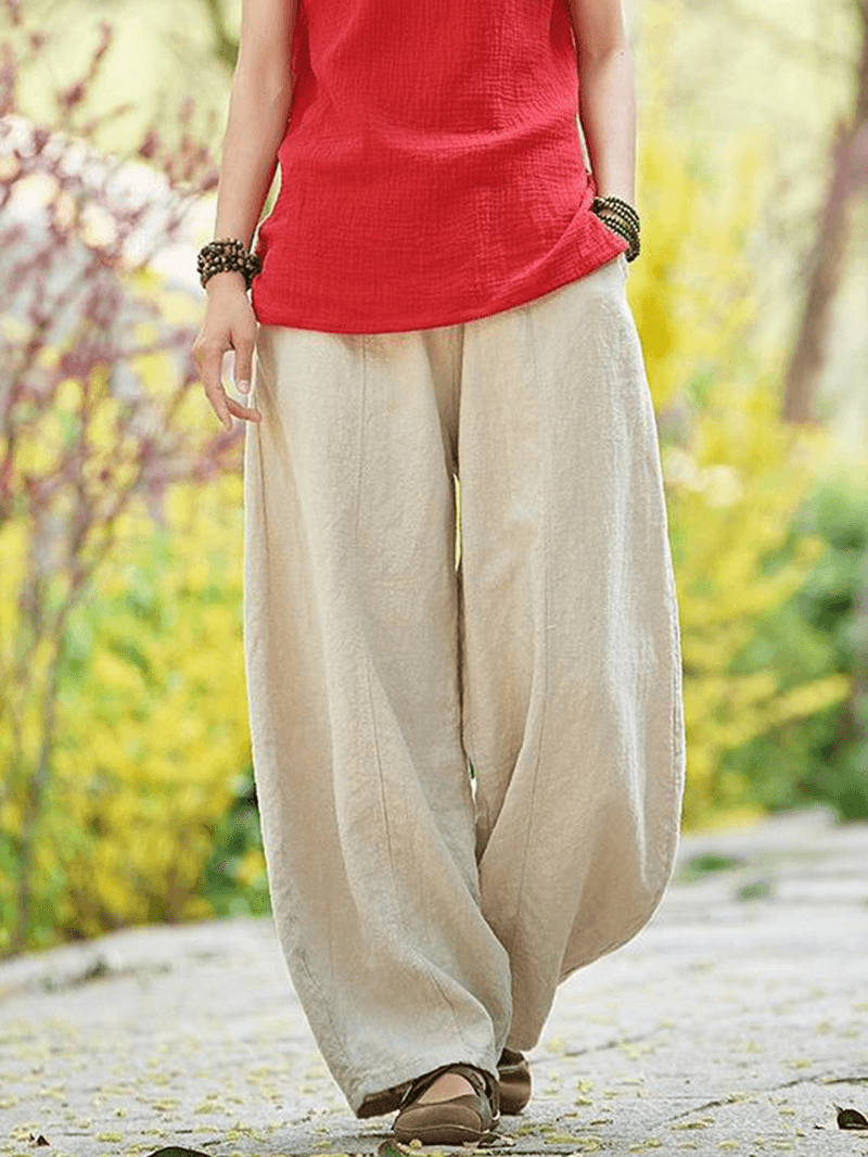 Cotton Linen Solid Color Elastic Waist Loose Casual Pants with Pocket - MRSLM