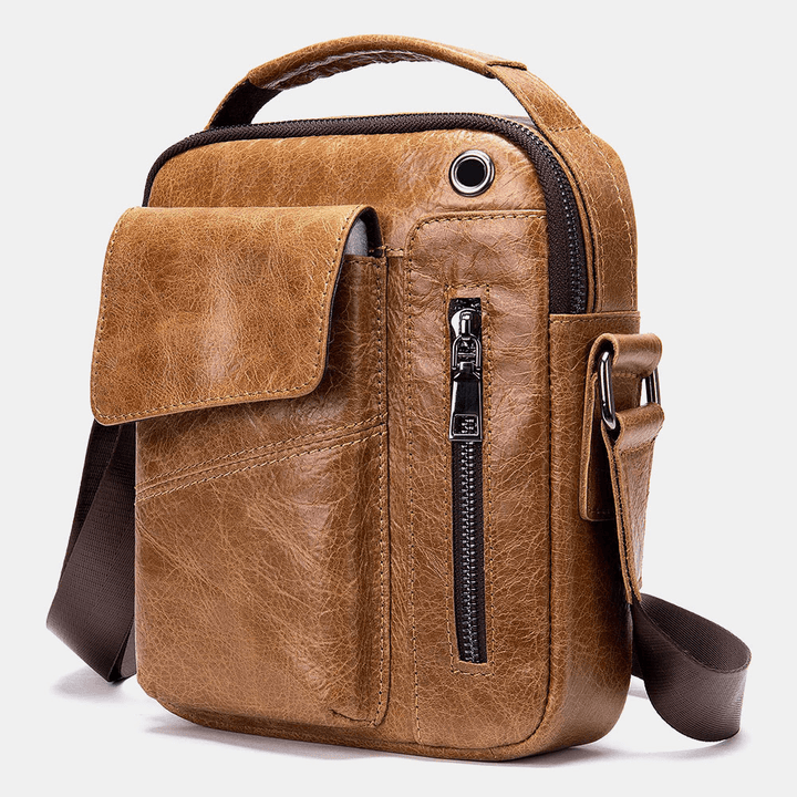 Men Genuine Leather Multi-Pockets Earphone Hole Vintage Waterproof Crossbody Bags Shoulder Bags - MRSLM