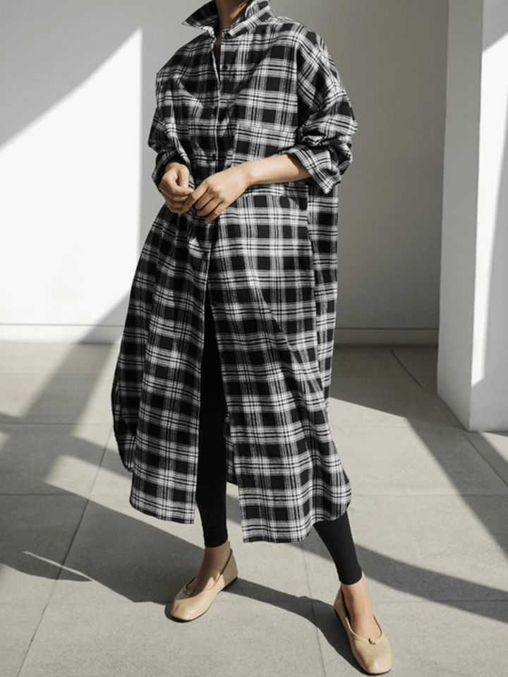 Women Plaid Retro Button Cuffs Split Side Pockets Lapel Long Sleeve Shirtdress Cardigan - MRSLM