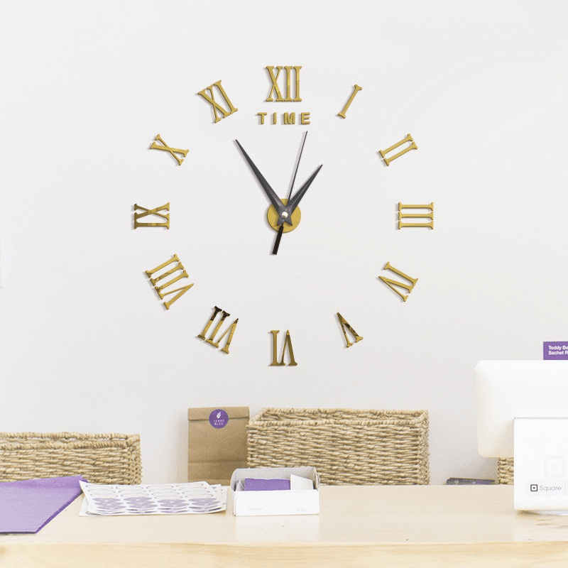 Large 3D DIY Wall Clock Roman Numerals Clock Frameless Mirror Surface Wall Sticker Home Décor for Living Room Bedroom - MRSLM